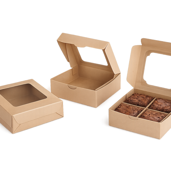 4 Pc Kraft Brownie Box with Window – 6 × 6 × 2 Inch Bakery Box
